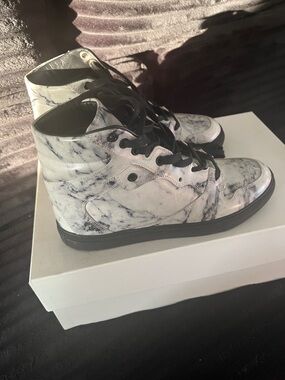 Balenciaga White Marble-Print High-Top Sneakers with Black Accents